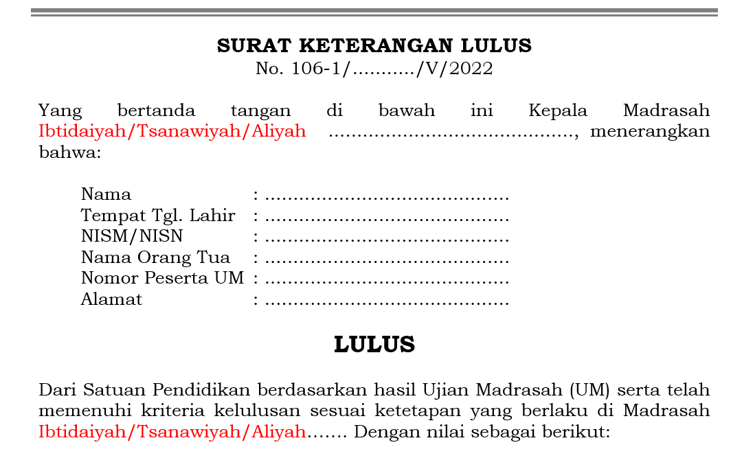 Link Download Contoh Surat Keterangan Lulus (Skl) Madrasah Terbaru 2022